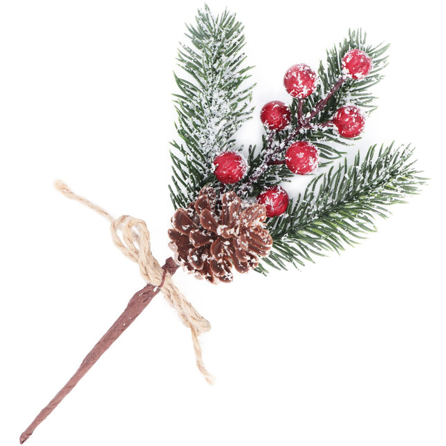 10 PCS Artificial Christmas Tree Picks Sprays 8" Frosted Pine Branches Stems with Pinecones & Red Holly Berries Twigs for Home Garden Xmas Party Flower Arrangements Ornaments Holiday Decor (Red)