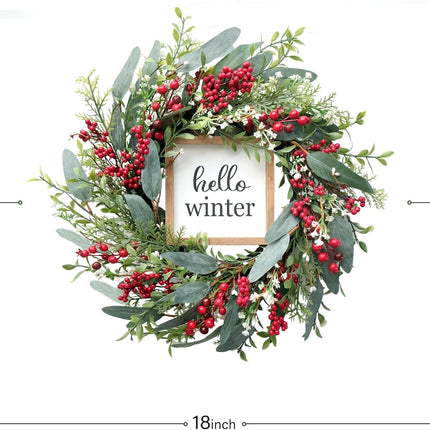 TEMPUS Christmas Wreath for Front Door 18’’ Red Berries Artificial Leaves Wreath with Hello Winter Sign Winter Wreath for Christmas Farmhouse Home Outdoor/Indoor Decor