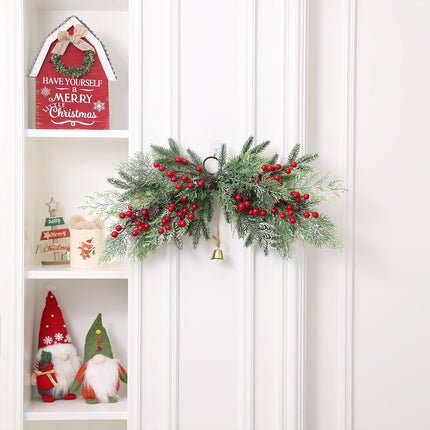 SHACOS 26 inch Artificial Christmas Swags Frosted Flocked Cedar Swag with Pine Cones Red Berries and Bells Xmas Mailbox Swag Front Door Windows Wall Swag Mantel Table Holiday Decor Indoor Outdoor