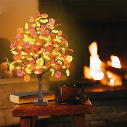 FastDeng 2FT Fall Lighted Eucalyptus Tree, 24 Inch Prelit Tabletop Artificial Tree with 36 LED Lights, 108 Leaves, Timing Battery Operated Fall Tree for Indoor Autumn Harvest Thanksgiving Home Decor