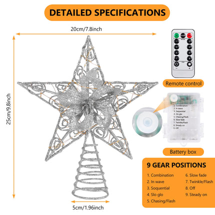 Verdenu Christmas Star Tree Topper, 40 LED Christmas Star Tree Topper Lighted Battery Operated, Flower Treetop Ornament with Remote Controlled for Indoor Xmas Year Holiday Tree Decoration (Sliver)
