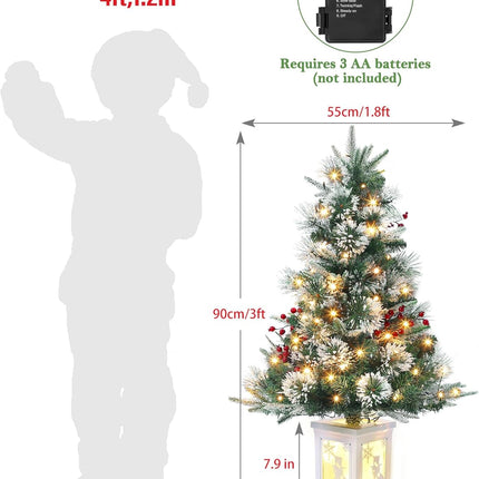 3FT Prelit Snow Flocked Christmas Tree with Prelit Premium 70 LED 8 Mode Battery Powered Mini Small Xmas Tree for Christmas Decoration ,Party,Home,Office,Outdoor,Indoor With Snowman White Base-1PC