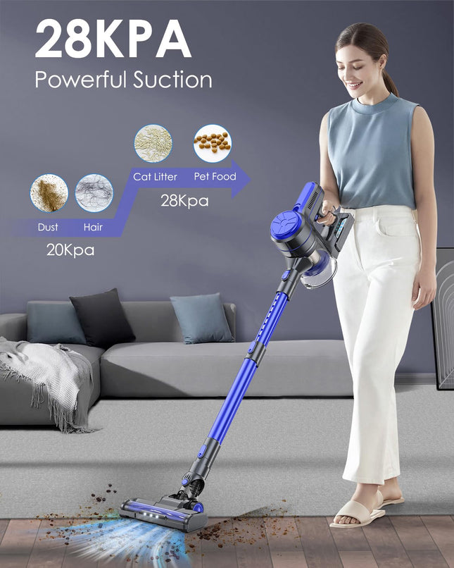 Tatian Cordless Vacuum Cleaner,28Kpa Powerful Cordless Vacuum,40 Mins Runtime,Detachable Battery,1.5L Dust Cup,6 In 1 Lightweight Quiet Stick Vacuum Cleaner For Hardwood Floor Pet Hair,Car,Royalblue