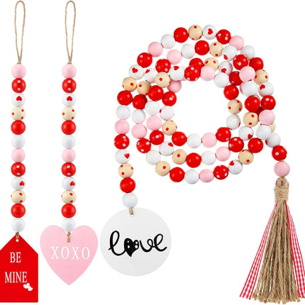 3 Pieces Valentine's Day Wood Bead Garland with Tassel Valentine Tiered Tray Decor 59 inch Rustic Farmhouse Wooden Bead with Jute Rope Wood Beads for Party Valentine's Day Present Home Decors