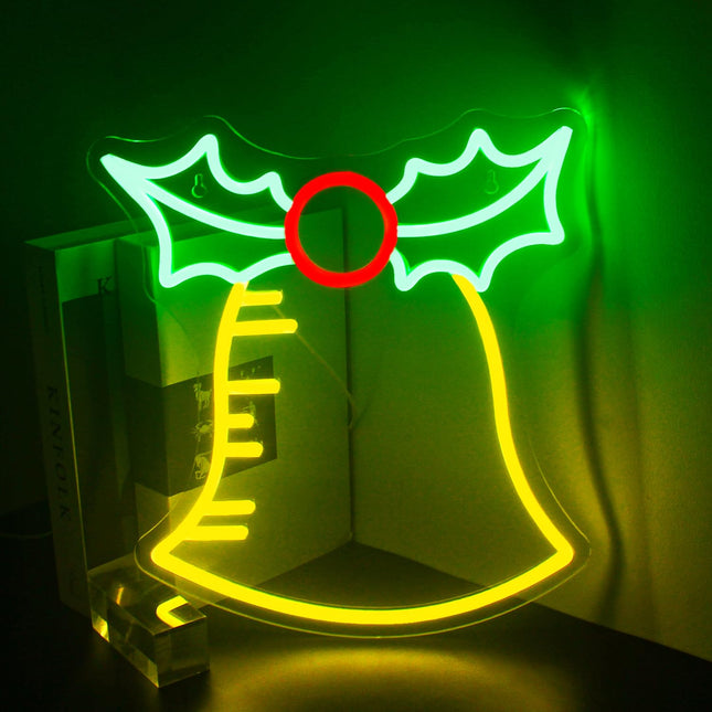 LooKLight Christmas Bell Neon Sign,Holly Berry Christmas Led Neon Light for Wall,Neon Sign Wall Decor for Christmas,USB Powered Led Neon Signs for Christmas Party,Bedroom Decor,Christmas Decor