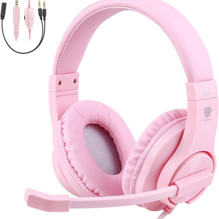 BlueFire Kids Headphones for Online School, Children, Teens, Boys, Girls, 3.5mm Stereo Over-Ear Gaming Headphone with Microphone and Volume Control Compatible with PS4, PS5, New Xbox One（Pink）