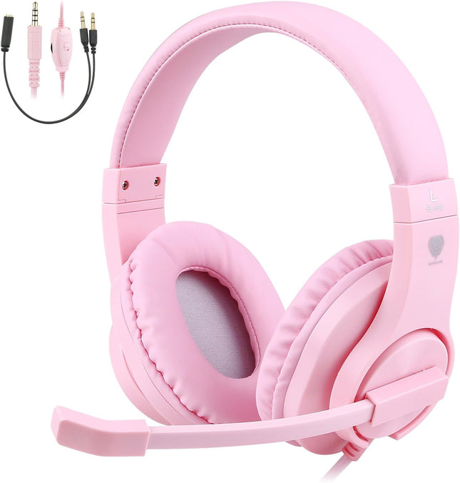 BlueFire Kids Headphones for Online School, Children, Teens, Boys, Girls, 3.5mm Stereo Over-Ear Gaming Headphone with Microphone and Volume Control Compatible with PS4, PS5, New Xbox One（Pink）