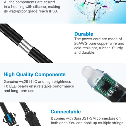 ALITOVE WS2811 Addressable LED Pixel Light 50pcs 5V 12MM Digital Dream Color Diffused RGB LED Pixels Module Round Black Wire IP68 Waterproof
