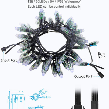 ALITOVE WS2811 Addressable LED Pixel Light 50pcs 5V 12MM Digital Dream Color Diffused RGB LED Pixels Module Round Black Wire IP68 Waterproof