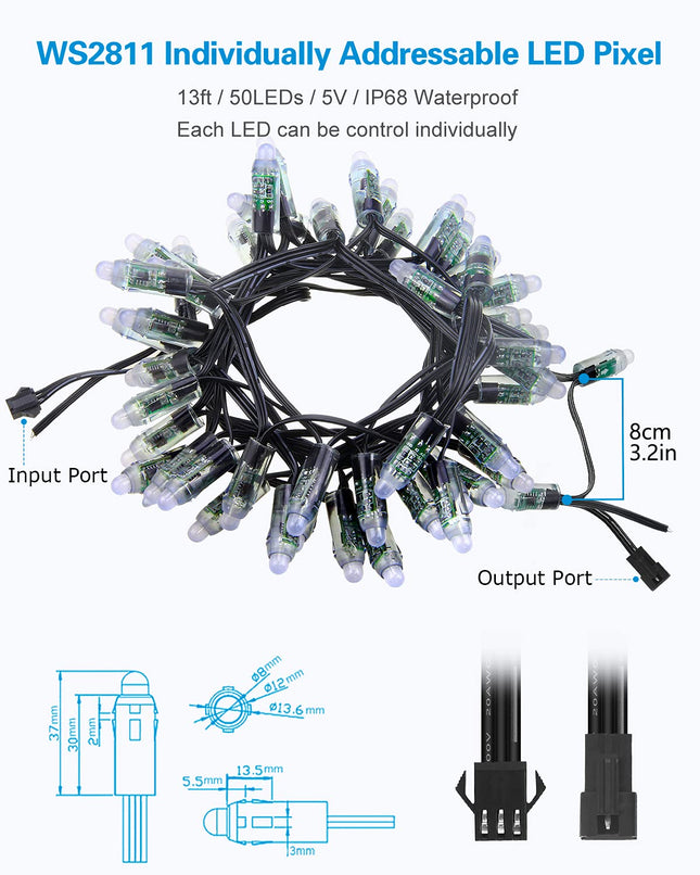 ALITOVE WS2811 Addressable LED Pixel Light 50pcs 5V 12MM Digital Dream Color Diffused RGB LED Pixels Module Round Black Wire IP68 Waterproof