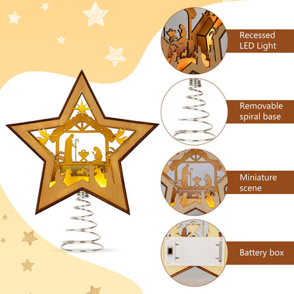 Nativity Christmas Tree Topper Star Lighted, 3D Wooden Star Tree Toppers Christmas Decorations, Christmas Tree Star Topper with Lights for Small Nativity Scene Indoor Christmas Decorations