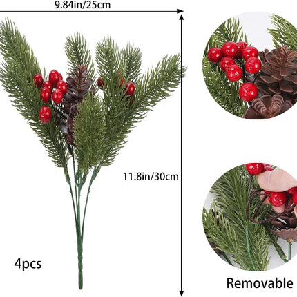 4pcs Artificial Christmas Picks Pine Branches Picks Spray with Red Berry Stem Pine Cones for Crafts Christmas Floral Arrangement Christmas Tree Ornaments Winter Holiday Season Decor