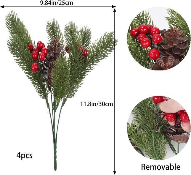 4pcs Artificial Christmas Picks Pine Branches Picks Spray with Red Berry Stem Pine Cones for Crafts Christmas Floral Arrangement Christmas Tree Ornaments Winter Holiday Season Decor