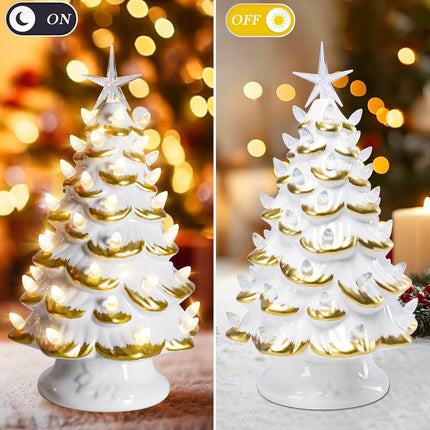 Ceramic Christmas Tree, Christmas Tree with LED Lights, Christmas Tree Light Up Tabletop Decor for Xmas Decoration Indoor Home Party Supplies,13 Inch