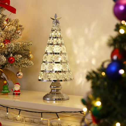 Lewondr Christmas Tree Lamp, 14 Inch Battery Powered Crystal Treetop Lighted Christmas Tree Decorative Light LED Lamp, Handmade Glass Tabletop Christmas Tree Ornament for Home Party , Silver