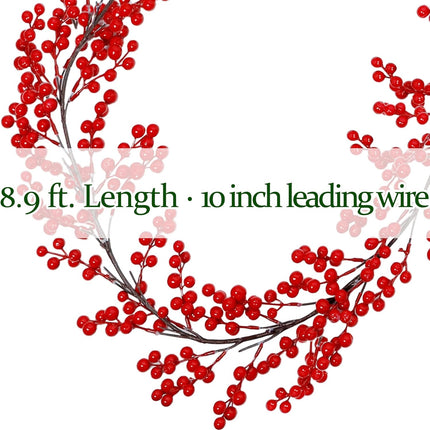 Lulu Home Red Berry Garland, 8.9FT Flexible Artificial Christmas Holly Berry Vine, Winter Berry Garland for Mantle Xmas Tree Window Door Hanging Indoor Outdoor Holiday Decoration
