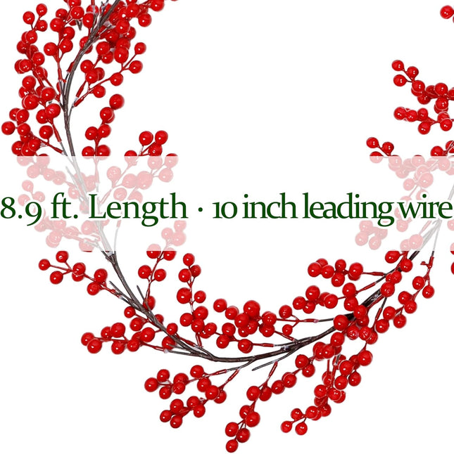 Lulu Home Red Berry Garland, 8.9FT Flexible Artificial Christmas Holly Berry Vine, Winter Berry Garland for Mantle Xmas Tree Window Door Hanging Indoor Outdoor Holiday Decoration