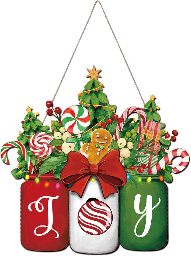 Chinco Christmas Door Sign Mason Jar Welcome Sign for Front Door Christmas Wooden Hanging Sign Gingerbread Christmas Decorations Christmas Noel Joy Door Hanger Floral Wreath Wooden Sign for Home Decor