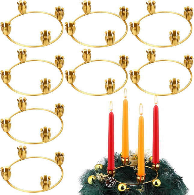 Sliner 8 Pcs Christmas Flower Advent Wreath Ring Taper Gold Advent Ring Metal Advent Ring Candle Holder for Home Centerpiece Decor Table Decorations