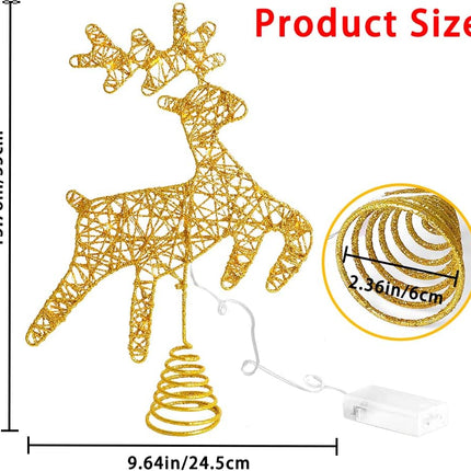 JOICEE Christmas Reindeer Tree Topper,Christmas Gold Hollow Glitter Tree Topper with LED Lights for Christmas Tree Decoration, Big Xmas Tree Top for Year Holiday Decorations.
