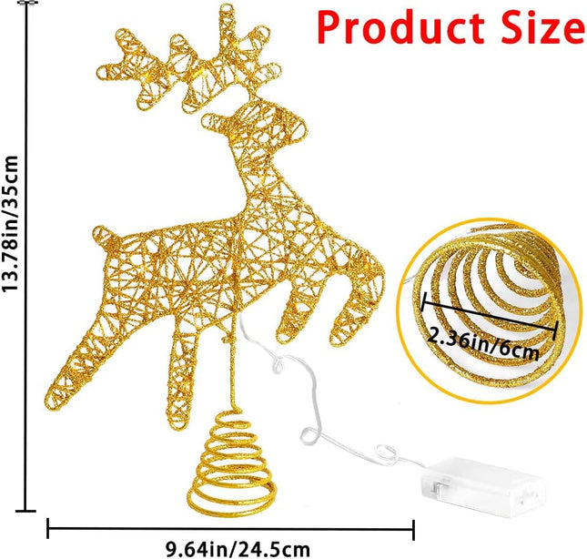 JOICEE Christmas Reindeer Tree Topper,Christmas Gold Hollow Glitter Tree Topper with LED Lights for Christmas Tree Decoration, Big Xmas Tree Top for Year Holiday Decorations.
