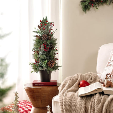 20 Inch Tabletop Christmas Tree, Small Christmas Tree with Pine Needles, Berry and Eucalyptus, Tabletop Small Xmas Tree Perfect Christmas Decoration for Home, Living Room, Table