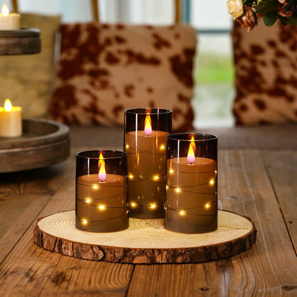 Homemory Flickering Flameless Candles with String Lights, Battery Operated Candles, Embedded String Lights LED Candles, Unbreakable Plexiglass Candles with Remote, Set of 3, Grey
