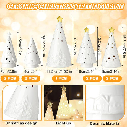 Nuenen 8 Pcs Lighted Ceramic Christmas Tree LED White Decorations Christmas Tree with Lights Winter Porcelain Christmas Village Sets for Tabletop Shelf Mantle Cabinets Office Desktop Decor