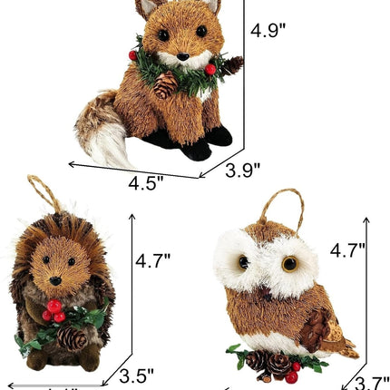 Nature Vibe Christmas Sisal Woodland Animals Ornaments, Set of 3 Natural Forest Friends with Garland Figurines as Christmas Tree Decorations