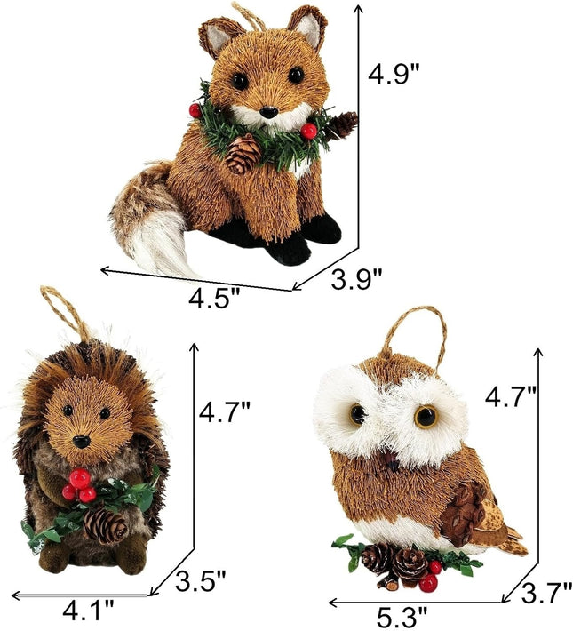 Nature Vibe Christmas Sisal Woodland Animals Ornaments, Set of 3 Natural Forest Friends with Garland Figurines as Christmas Tree Decorations