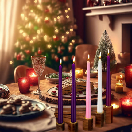 Mifoci 16 Pcs Christmas Advent Walnut Candle Stick and Candle Set 1 Candle Holder Wooden Candlestick Holders and 15 Candle Christmas Advent Wreath and Candle Set Rustic Mantle Holiday Table Decoration