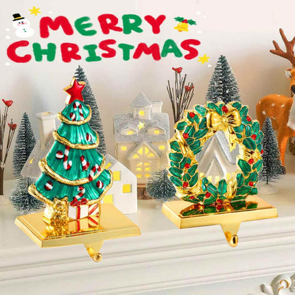 Stocking Holders for Mantel, Christmas Stocking Hangers for Fireplace, Xmas Wreath Theme Holders Stocking Hooks for Mantelpiece, Metal Christmas Tree Stocking Hangers for Xmas Decoration