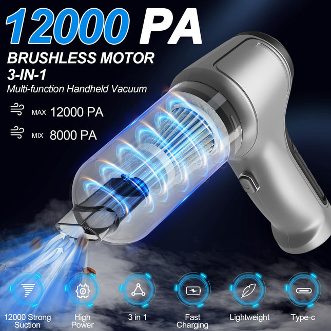 Handheld Vacuum Cordless 12000Pa Car Vacuum Portable Cordless High Power Small Vacuum Cleaner 3 In 1 Wireless Portable Mini Hand Vacuum For Pet Keyboard Car Office And Home