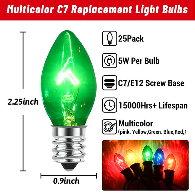 25 Pack C7 Clear Multicolor (Red, Blue, Green, Yellow, Pink) Christmas Lights Replacement Bulbs, Hanging Christmas Decorations Outdoor String Lights for Christmas Party, E12 Candelabra Base, 5 Watt