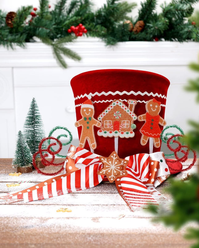 CiyvoLyeen Gingerbread Christmas Tree Topper, Red Top Hat with Candy Cane Gingerbread House Cookies Ornament Bows, Winter Holidays Xmas Tree Home Decoration, 3D Wreath Attachment Festive Ideas