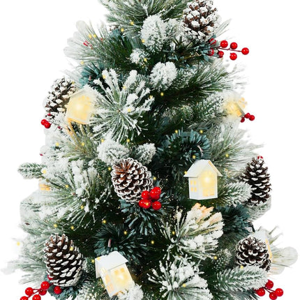 3FT Christmas Tree with 12cm Top Star, Artificial Flocked Fiber Optic Christmas Tree with 60 Mixed Branch Tips & 9White House & 12Red Berry and Big Pinecone String for Indoor Outdoor