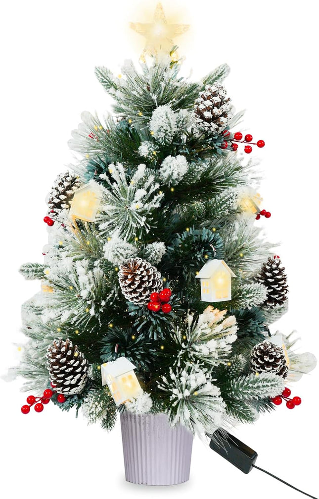 3FT Christmas Tree with 12cm Top Star, Artificial Flocked Fiber Optic Christmas Tree with 60 Mixed Branch Tips & 9White House & 12Red Berry and Big Pinecone String for Indoor Outdoor