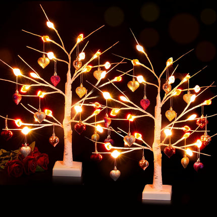 Valentines Day Tree Decorations,2 Pack 24 Inches Lighted Birch Tee with 24 Crystal Heart Shaped 18pcs Heart Ornaments,Valentine's Day Tree for Home,Tabletop,Mantel,Office