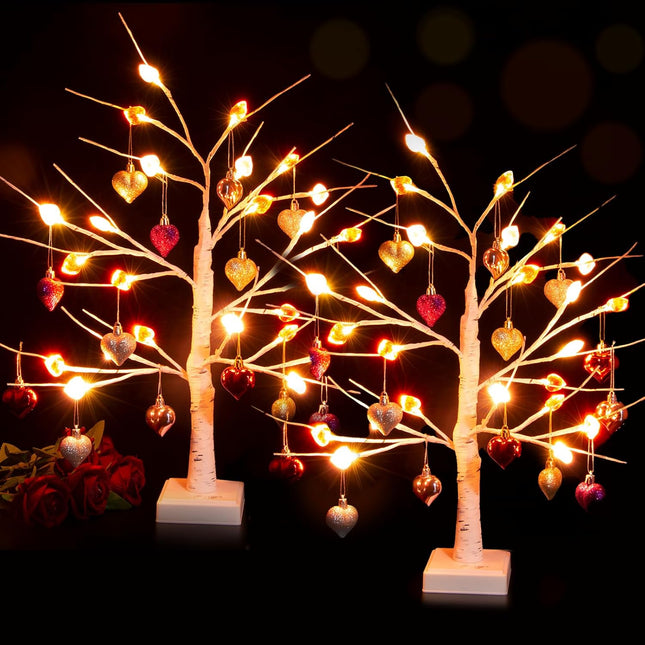 Valentines Day Tree Decorations,2 Pack 24 Inches Lighted Birch Tee with 24 Crystal Heart Shaped 18pcs Heart Ornaments,Valentine's Day Tree for Home,Tabletop,Mantel,Office