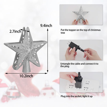 Star Christmas Tree Topper Lighted with 6 Projection Modes - Spark Christmas Decorations Treetop LED Rotating Glitter Decor(Silvery)