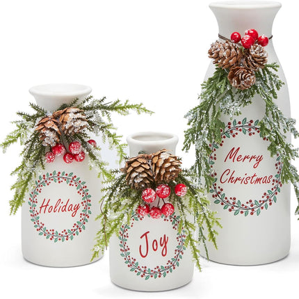 Artificial Christmas Vase 3-Piece Set Flocked with Mixed Xmas Decorations Ceramic White Bottles (White)