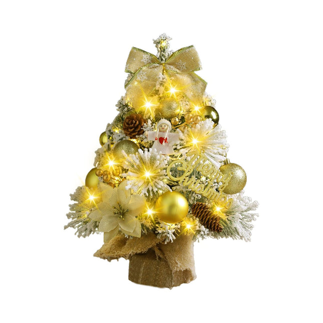 18 inch Gold Snow Flocked Tabletop Christmas Tree Glowing Mini Artificial Christmas Trees with Angel Christmas Balls Ornaments Bow Berries Pine Cones DIY Xmas Tree Winter Table Centerpieces