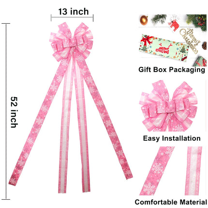 Christmas Tree Topper Christmas Wreath Bow, 52 13 inches Large Tree Toppers Bow with Snowflake Patterned for Xmas Tree Décor Christmas Home Indoor Outdoor Decoration Pink