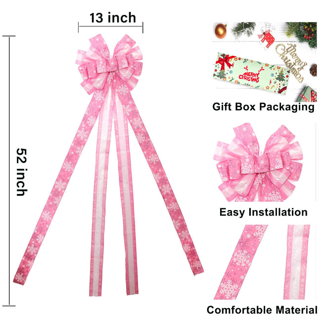 Christmas Tree Topper Christmas Wreath Bow, 52 13 inches Large Tree Toppers Bow with Snowflake Patterned for Xmas Tree Décor Christmas Home Indoor Outdoor Decoration Pink