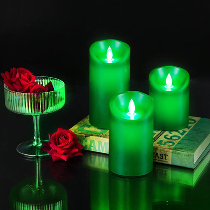 Green Flame Candles (Green LED Light Source), Remote Control/Moving Wick Design, Real Wax Flameless Christmas Green Candle, Battery Operated, Timer and Dimmable