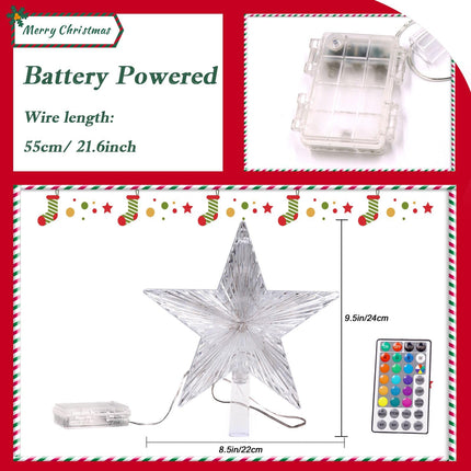 Christmas Star Tree Topper Lights 9.5inch 10LED Multicolour with Versatile Remote Controller 3AA Battery Powered Star Treetop Light for Xmas Tree Decoration （Indoor and Outdoor ）