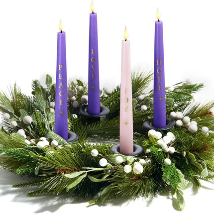 LampLust Advent Wreath Candle Holder, 14 Inch Advent Candle Wreath, Pine Candle Ring with White Berries and Black Candle Holders, Traditional Catholic Advent Wreath Christmas Decoration Set