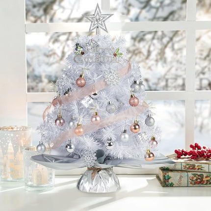 20" Mini White Christmas Tree, Artificial Mini Christmas Tree with Lights, Tabletop Christmas Tree with Star Treetop Snowflake Boxes and Ball Ornaments for DIY Christmas Decoration(White)