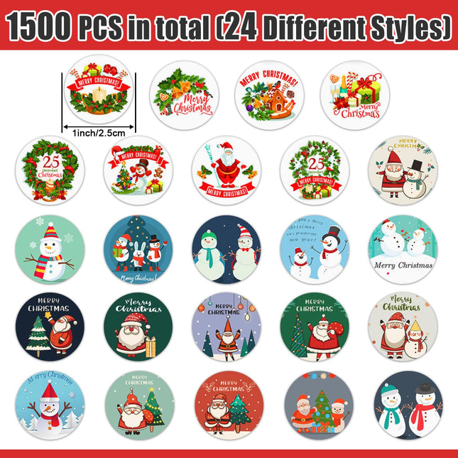 Partywind 1500 PCS Christmas Stickers for Kids, Self-Adhesive Holiday Decorative Stickers Labels for Christmas Decorations, Santa Snowman Stickers for Cards/Scrapbooking Decor (3 Rolls)