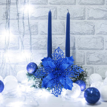 24 Pcs Christmas Blue Glittered Mesh Holly Leaf Artificial Poinsettia Flowers Picks Tree Ornaments 5.9" W for Blue Christmas Tree Wreath Garland Floral Winter Wedding Holiday Decoration